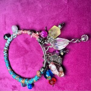 Handmade charm bracelet beaded Assemblage Bangle Thrashed Trashed Fabric shreds